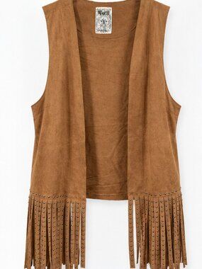 Vocal Women's Brown Faux Suede Studded Fringe Vest – Size Small